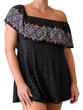 Fit 4 U NEW Women 16W Black Multi Geometric Ruffle One Piece Swim Dress